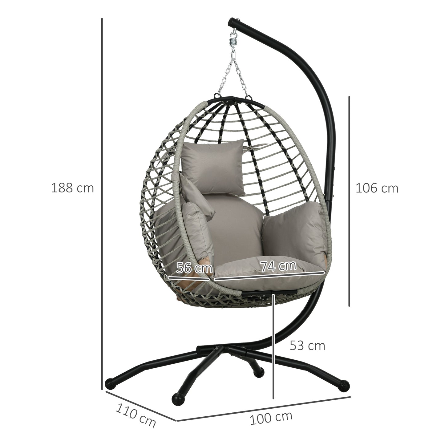 Outdoor Swing Chair with Padded Cushion and Foldable Metal Stand Grey-2
