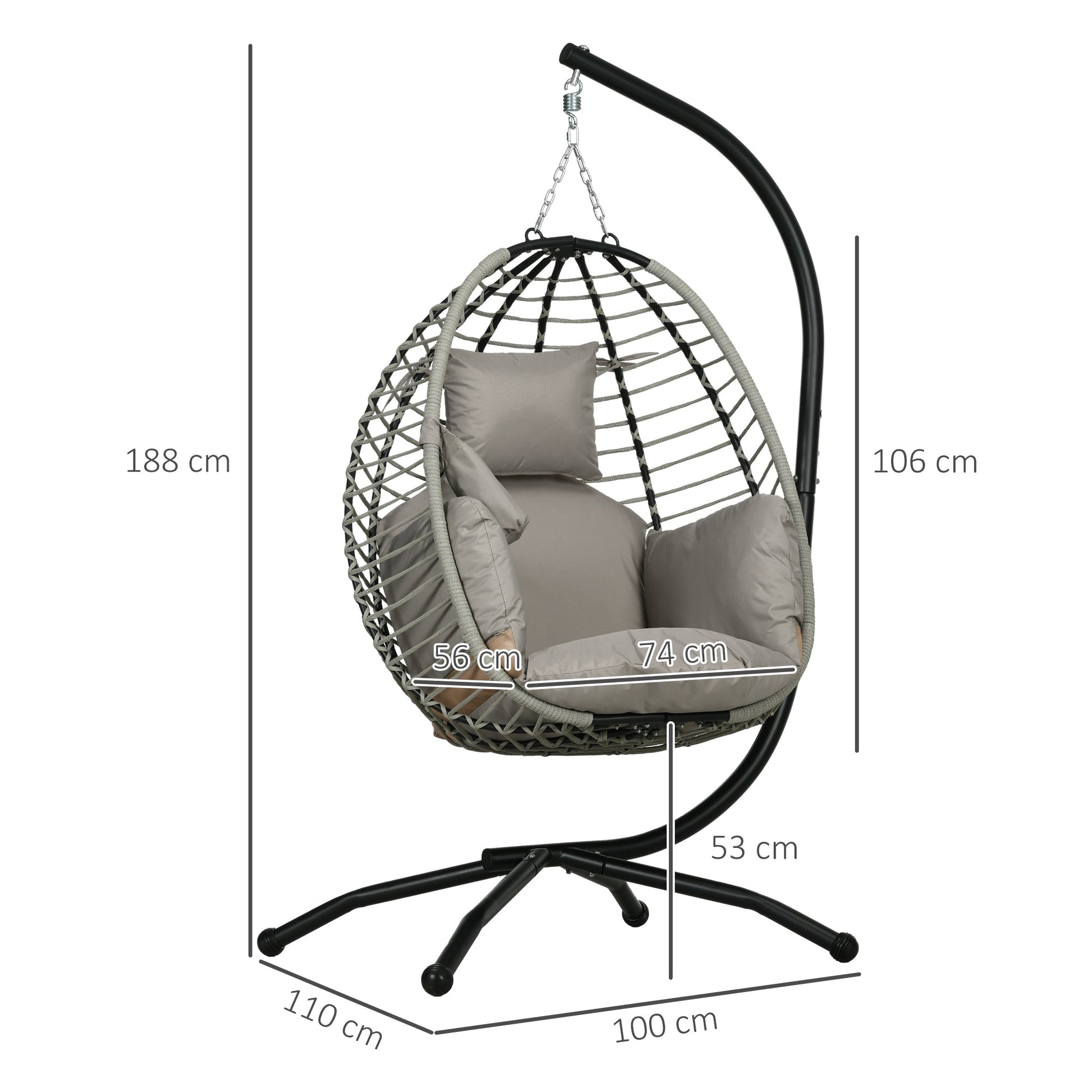 Outdoor Swing Chair with Padded Cushion and Foldable Metal Stand Grey-2