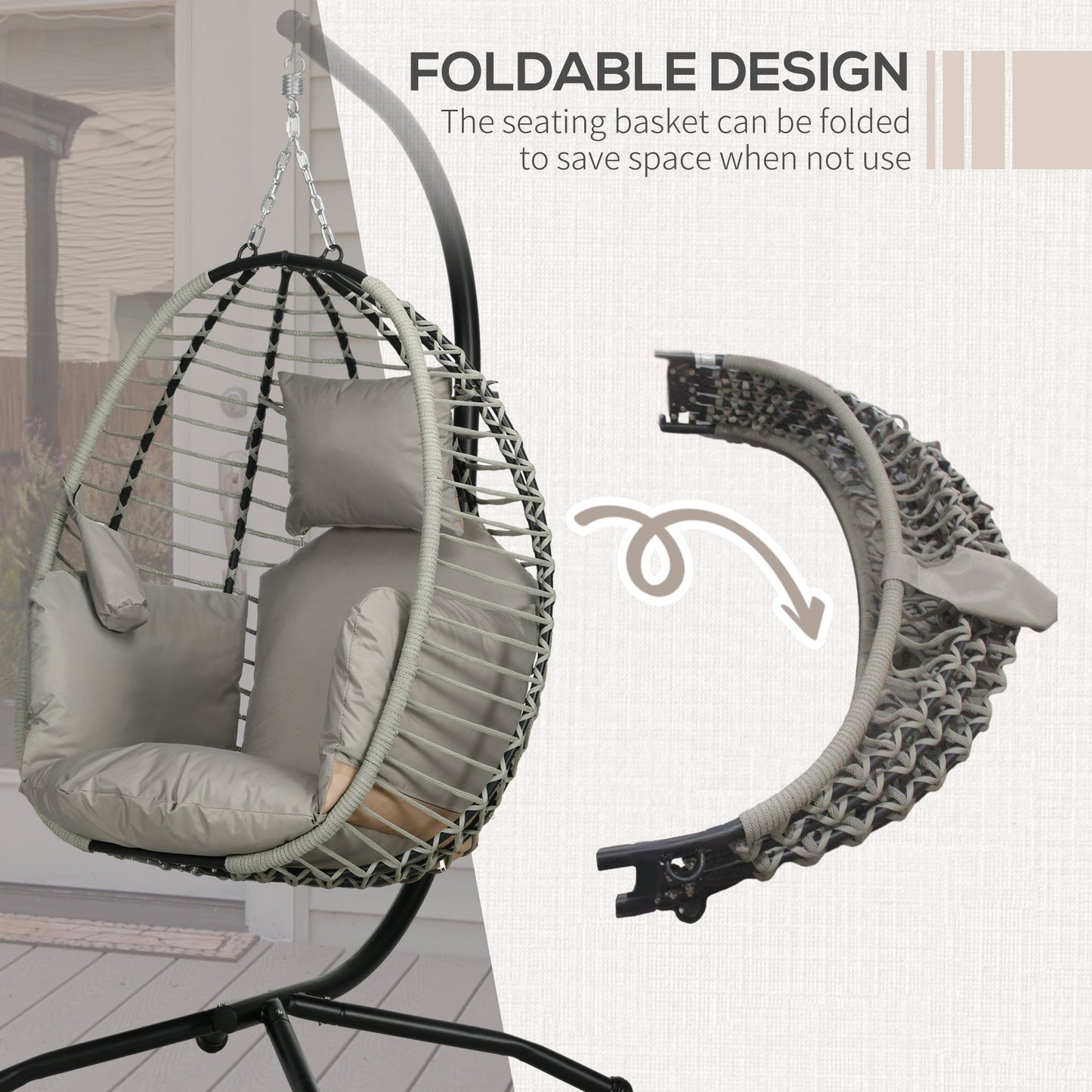 Outdoor Swing Chair with Padded Cushion and Foldable Metal Stand Grey-4