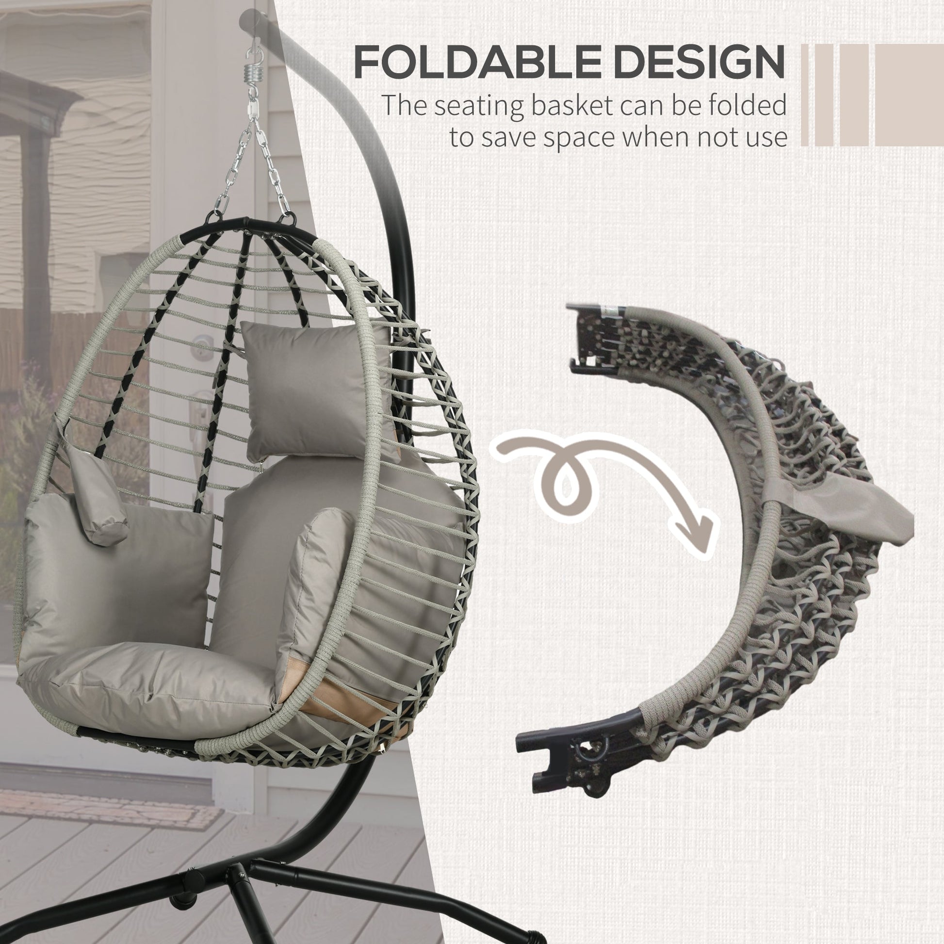 Outdoor Swing Chair with Padded Cushion and Foldable Metal Stand Grey-4