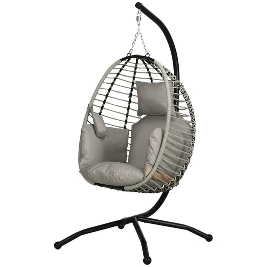 Outdoor Swing Chair with Padded Cushion and Foldable Metal Stand Grey-0