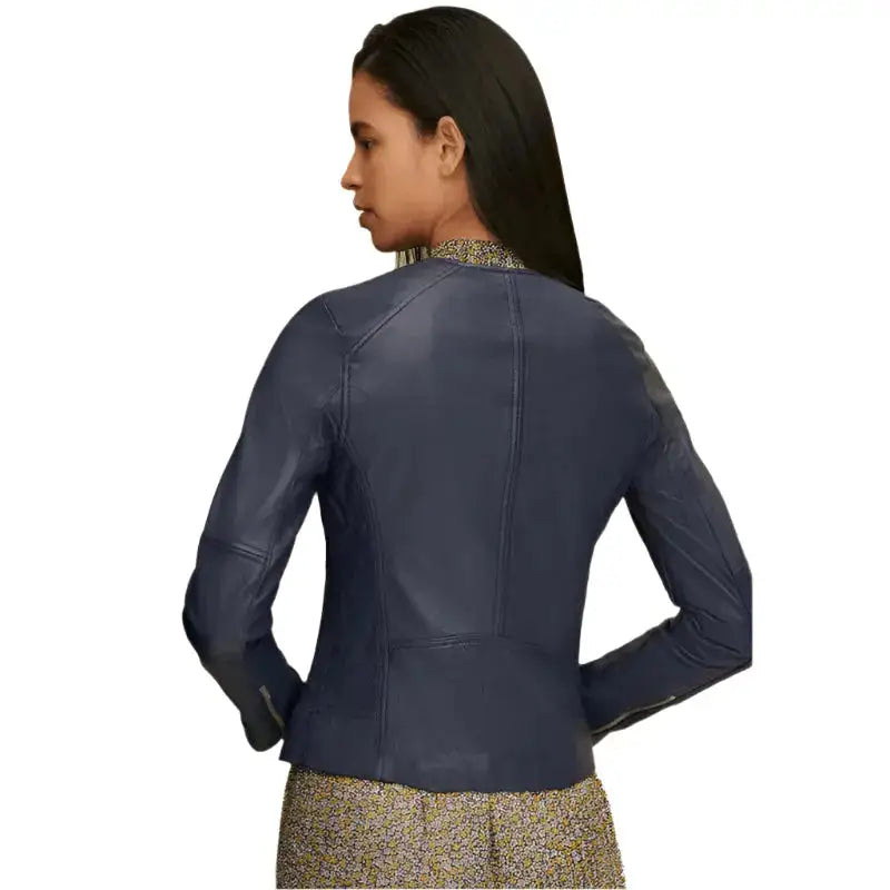 Women's Blue Leather Crew Neck Jacket-1