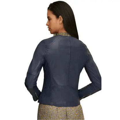 Women's Blue Leather Crew Neck Jacket-1