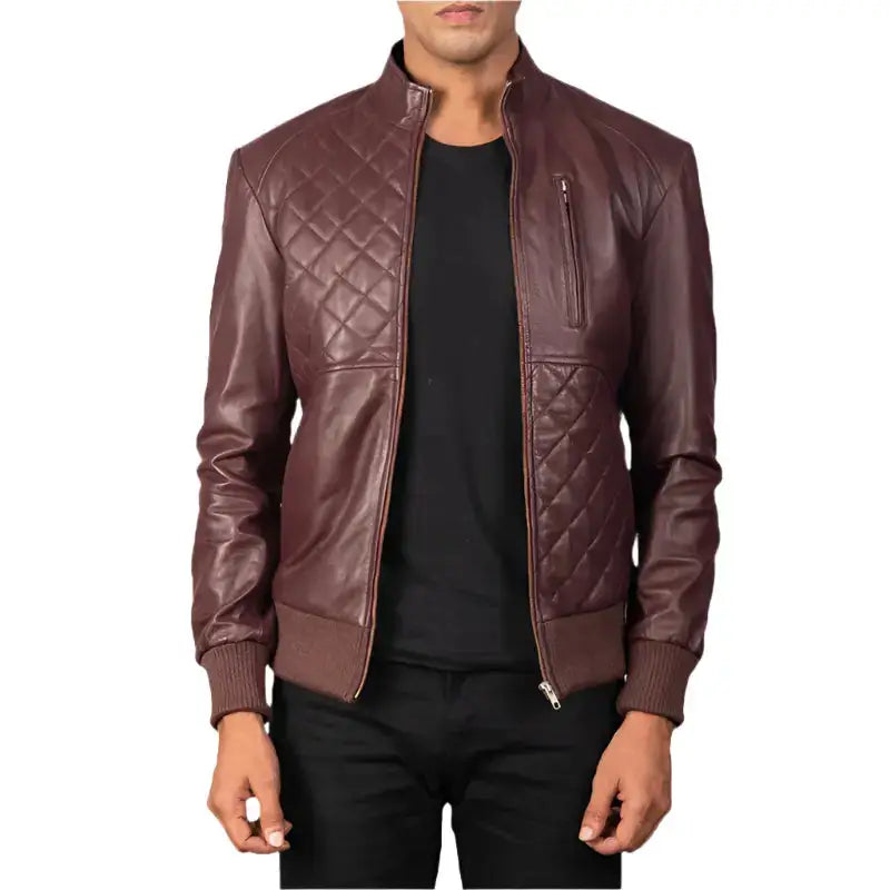 Men's Maroon Genuine Leather Bomber Jacket-0