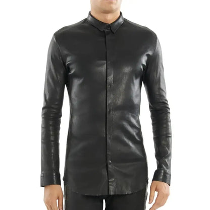Men’s Black Tight-Fit Leather Shirt-0