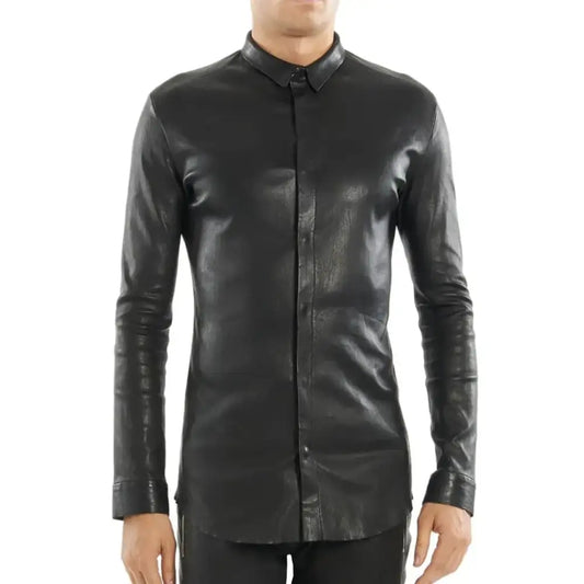 Men’s Black Tight-Fit Leather Shirt-0