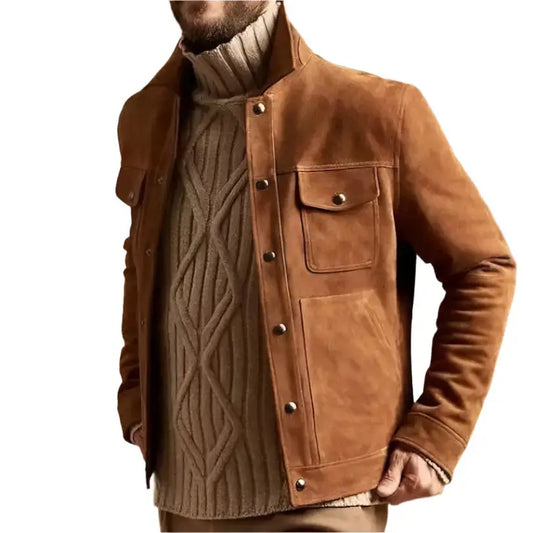 Mens Brown Suede Trucker Jacket-0