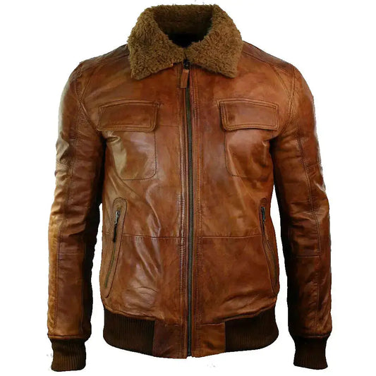 Mens Leather Jacket with Fur Collar-0