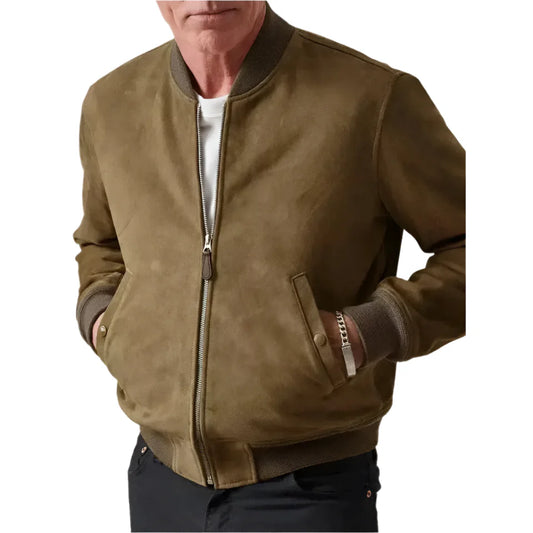 Men’s Genuine Tan Suede Leather Bomber Biker Jacket – Slim Fit-1