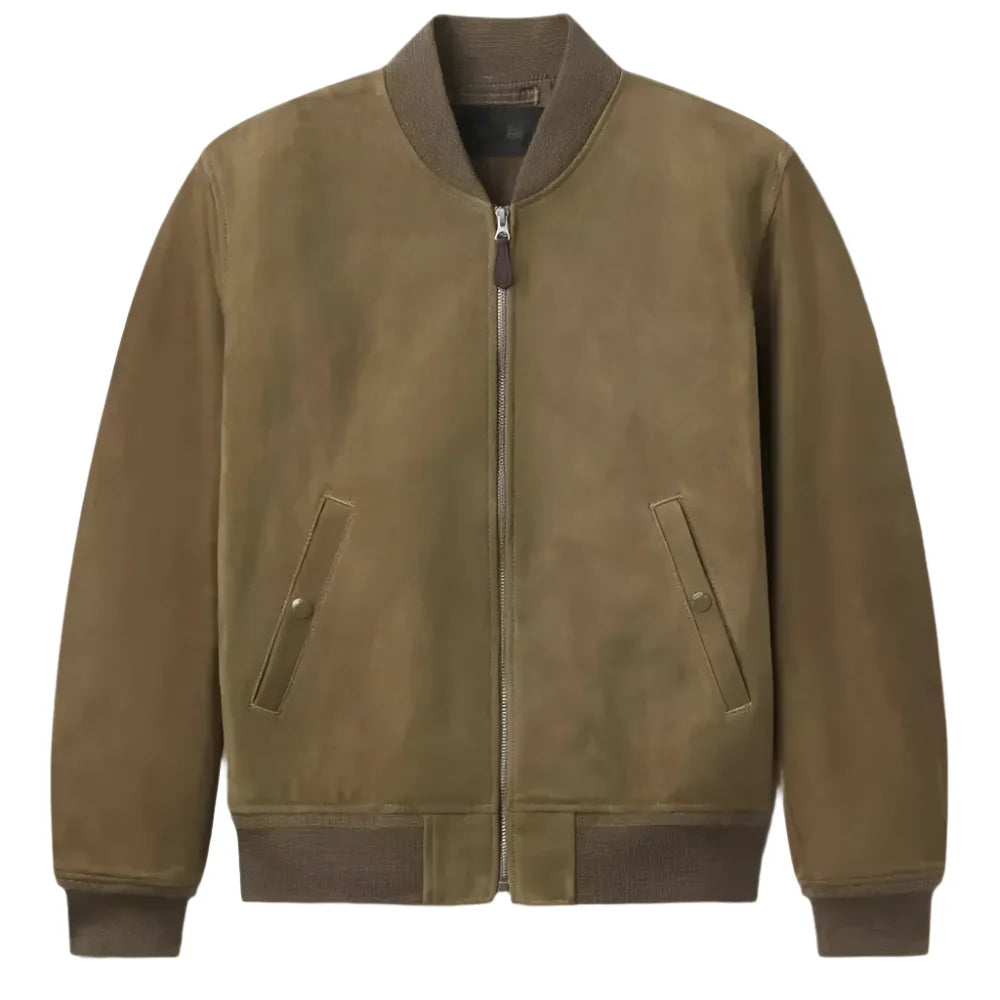 Men’s Genuine Tan Suede Leather Bomber Biker Jacket – Slim Fit-0