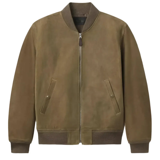 Men’s Genuine Tan Suede Leather Bomber Biker Jacket – Slim Fit-0