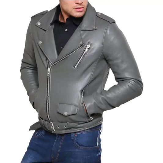 Mens Grey Tailored Leather Biker Jacket-0