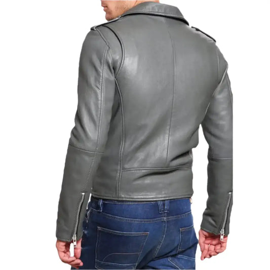 Mens Grey Tailored Leather Biker Jacket-1