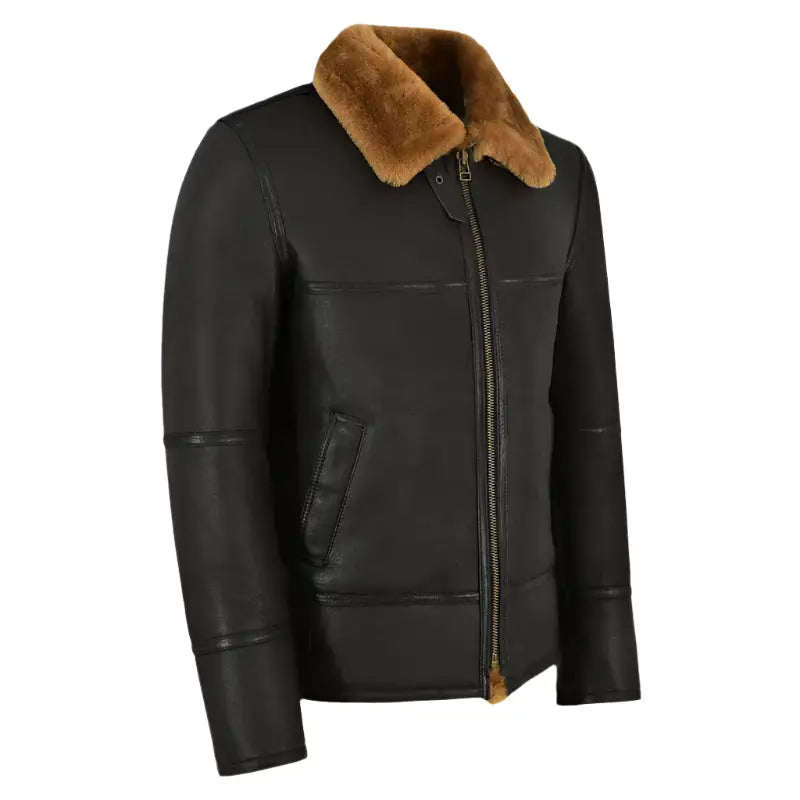 Men's Traditional Black Shearling Jacket-2