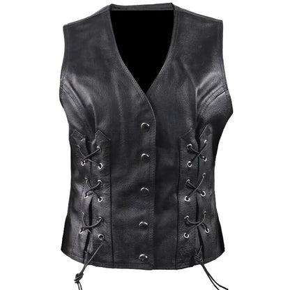 Women’s Side Lace Biker Leather Waistcoat Vest-0