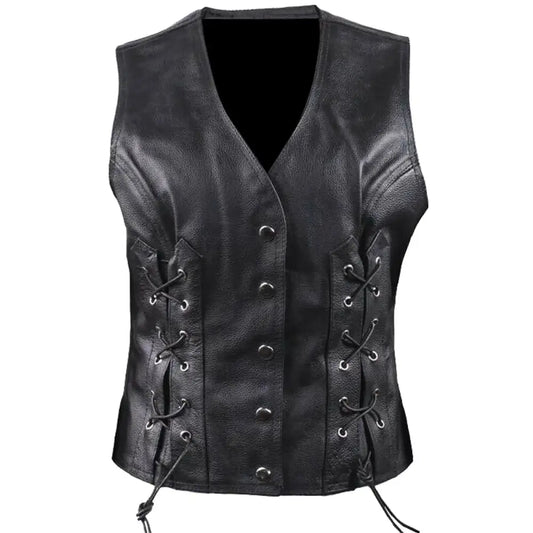 Women’s Side Lace Biker Leather Waistcoat Vest-0