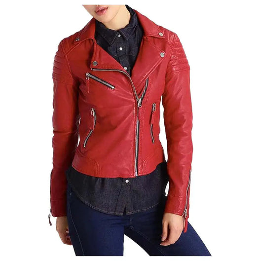 Women’s Slim Fit Motorcycle Genuine Red Leather Jacket-0
