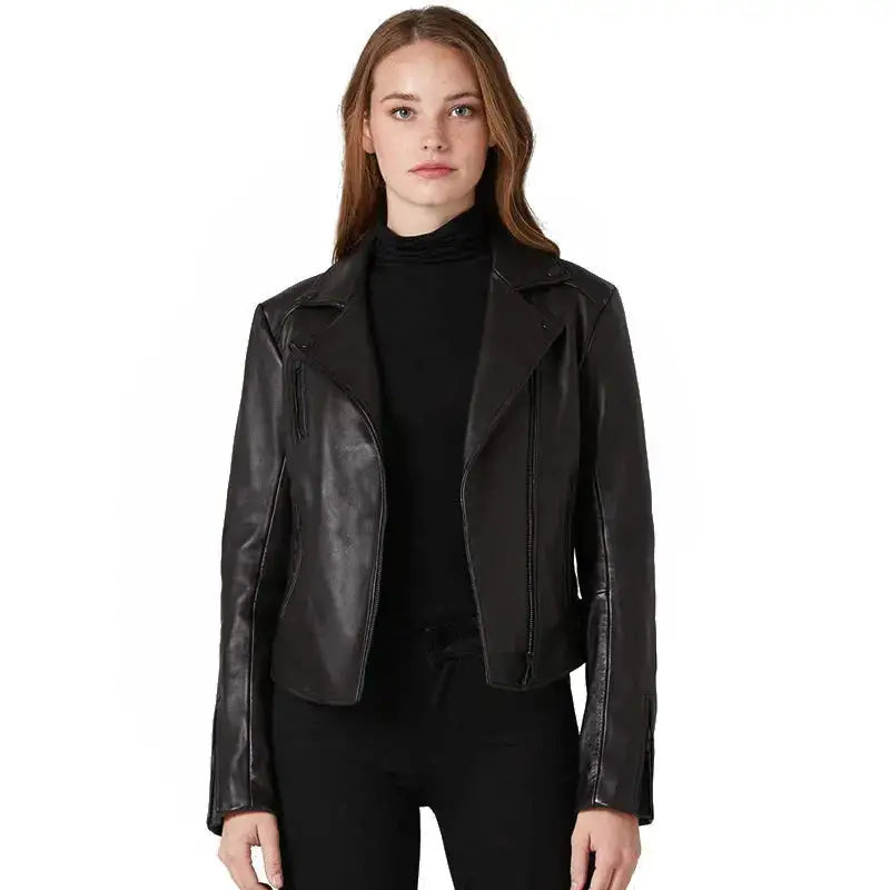 Women's Classic Black Leather Biker Jacket-0