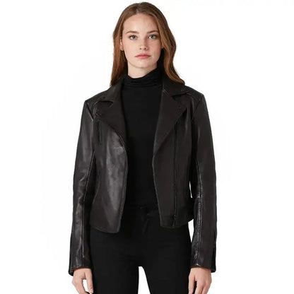 Women's Classic Black Leather Biker Jacket-0