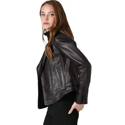 Women's Classic Black Leather Biker Jacket-3