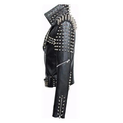 Women's Slim Fit Studded Brando Leather Jacket-1