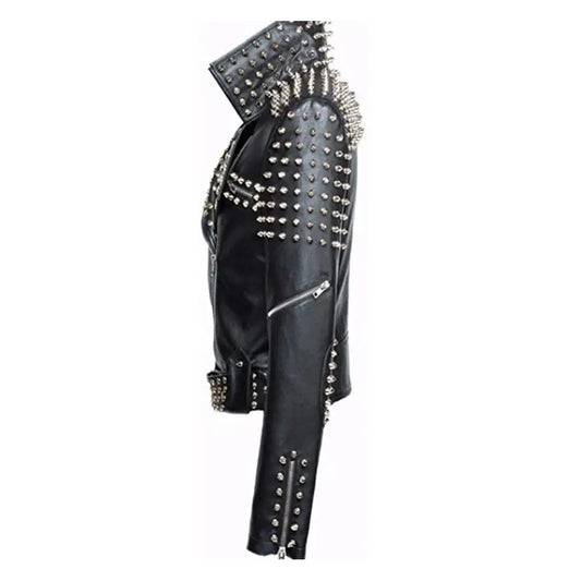Women's Slim Fit Studded Brando Leather Jacket-1